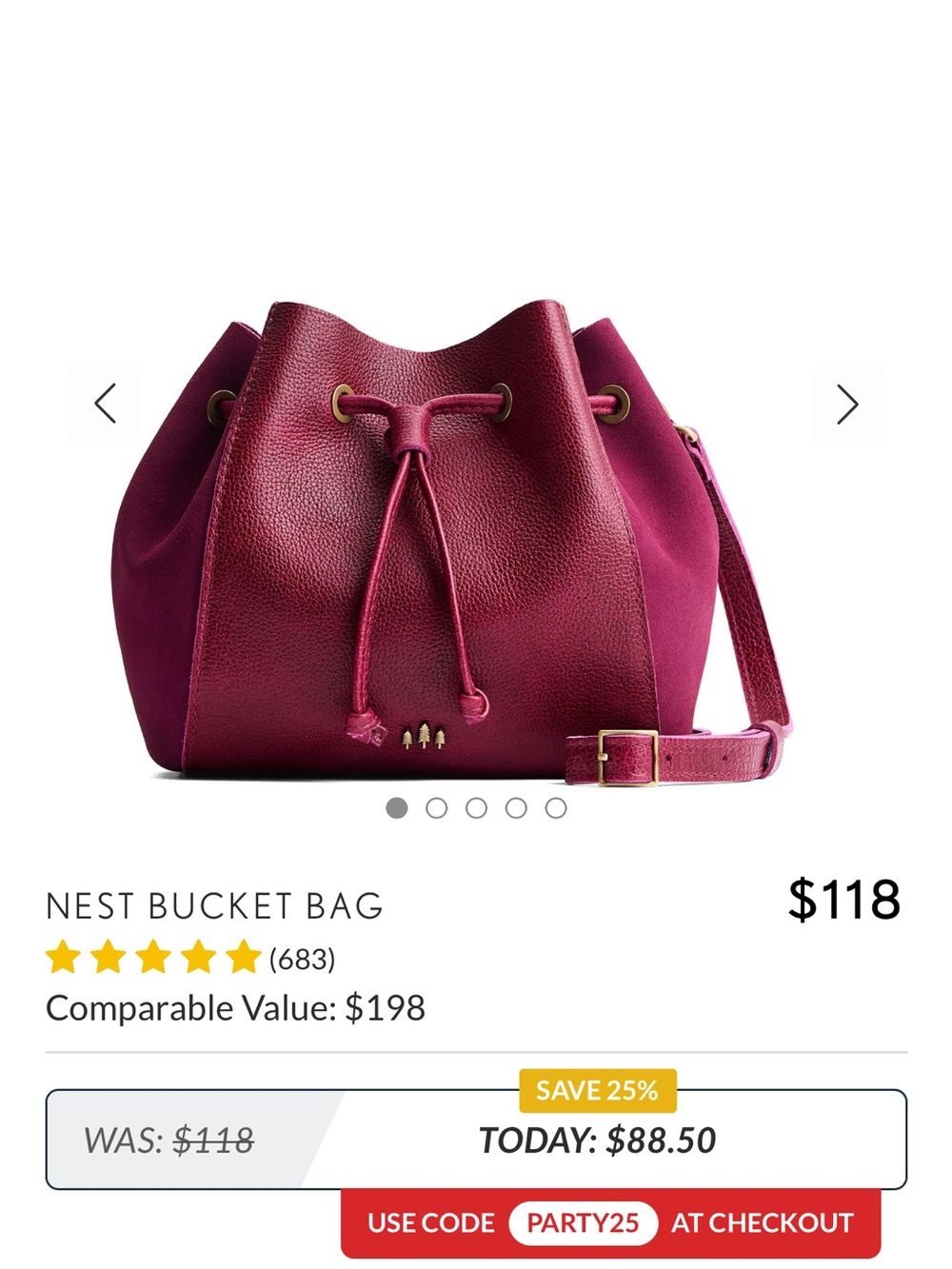 Portland Leather Berry Red Drawstring Bucket Bag with Tassels - charm included - Picture 3 of 8